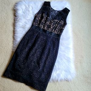 BCBGMAXAZRIA Alice Dress Cocktail Midi Black/Nude Lined Lace Sleeveless 4